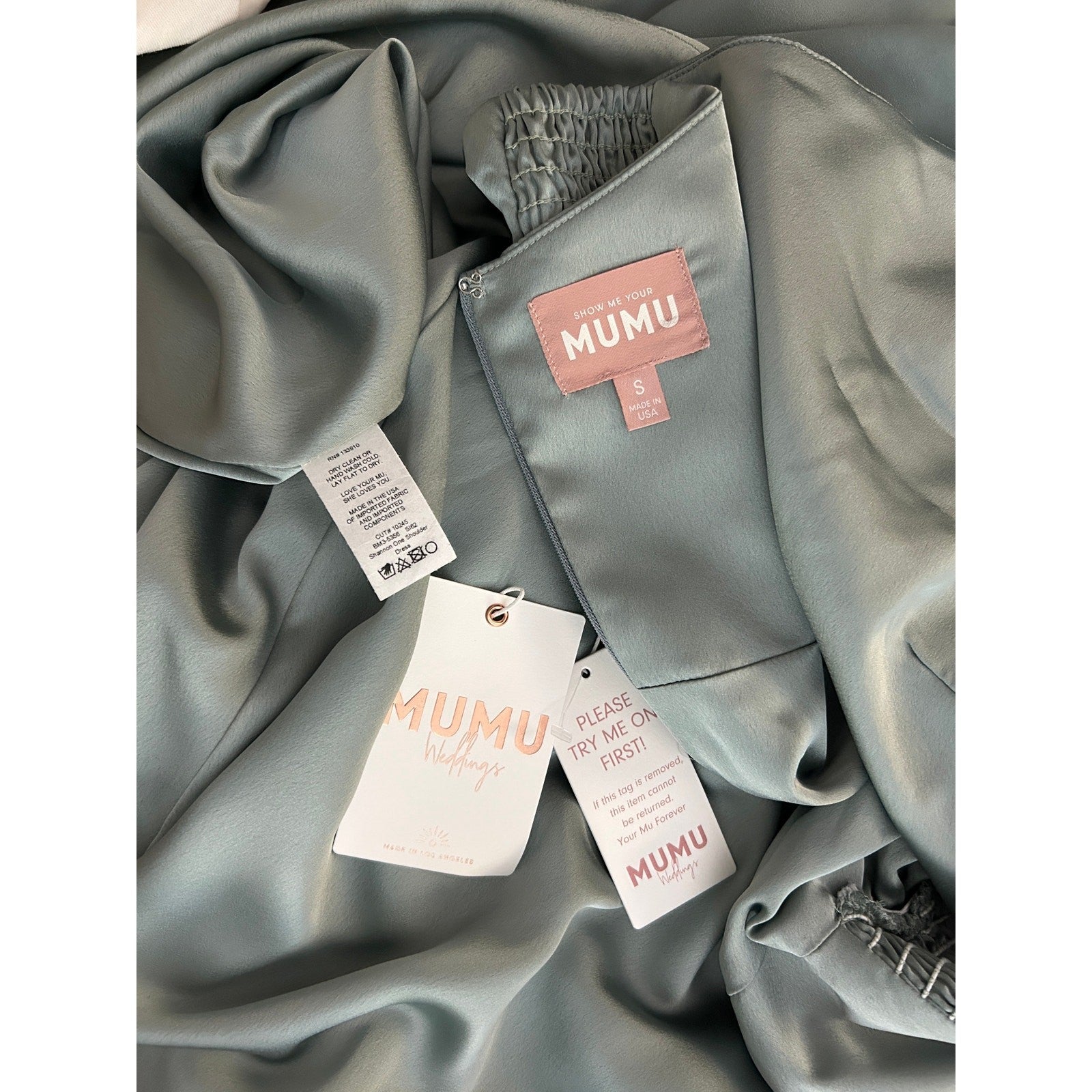 Show Me Your Mumu Shannon One Shoulder Luxe Satin Dress Silver Sage Sz Small NWT