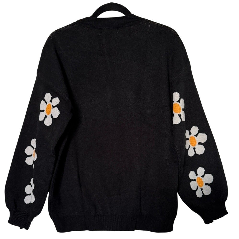Black Floral Knit Sweater – Size Medium Long Sleeve Crochet Pullover New