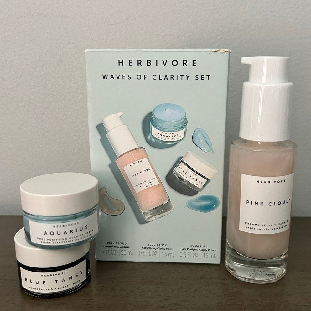 Herbivore Skincare Gift Set Pink Cloud Cleanser Blue Tansy Mask Aquarius Cream