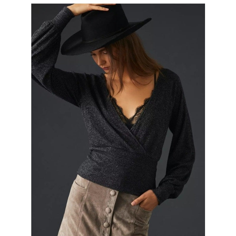 Anthropologie Women's Black Long Sleeve Ribbed Wrapped Sweater Size Medium NWOT