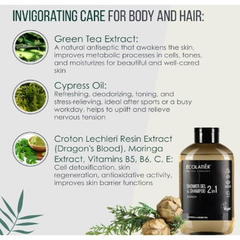 Ecolatier Cypress and Green Tea 2-in-1 Body Wash Men & Shampoo 20.3 Fl Oz