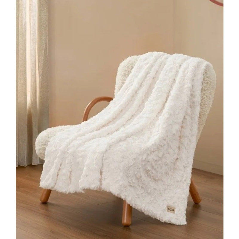 UGG Adalee Natural White Faux Fur Throw Blanket 50 x 70 Cozy Textured Luxury NIB