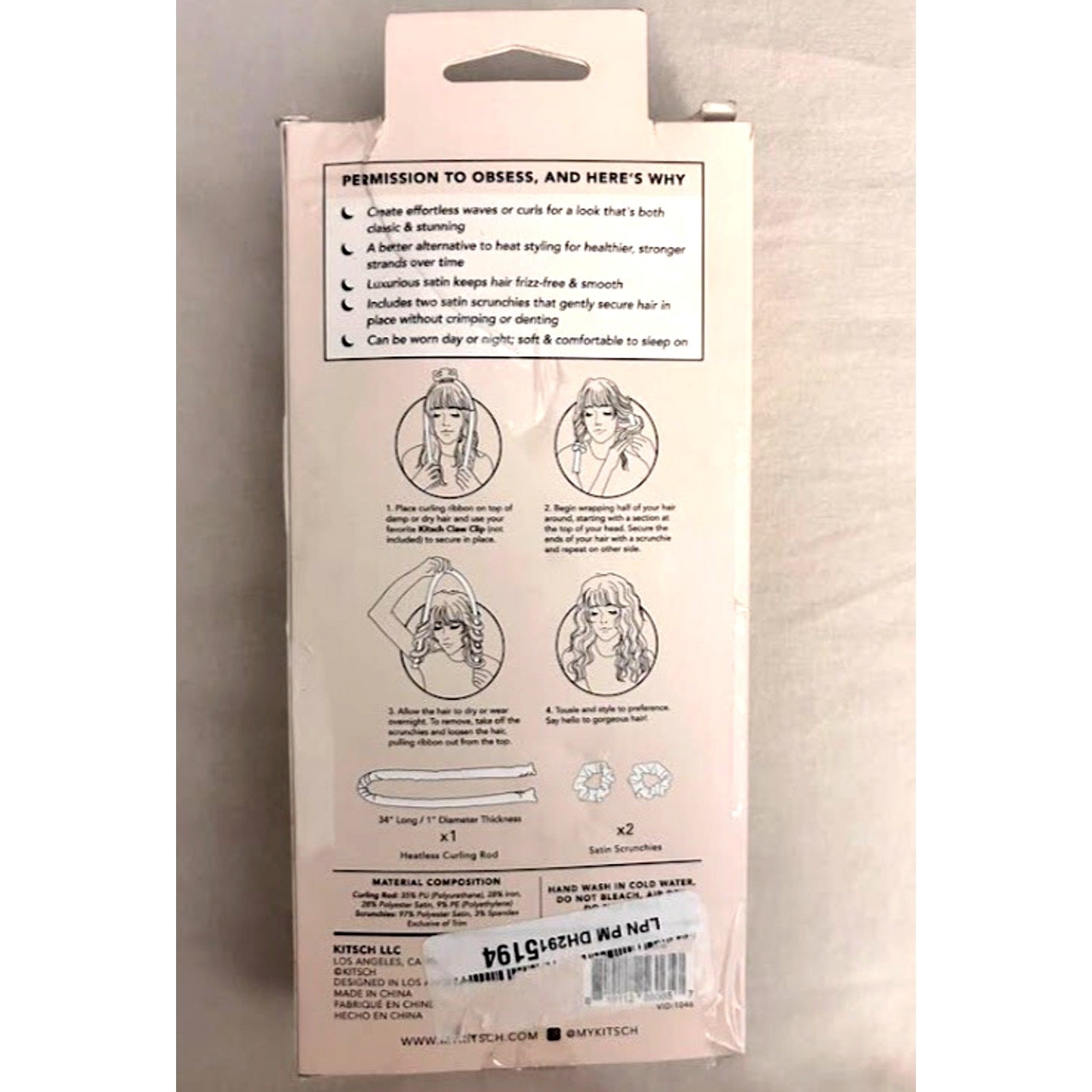 Kitsch The Satin Heatless Hair Curling Set Curling Rod & Satin Scrunchies Black