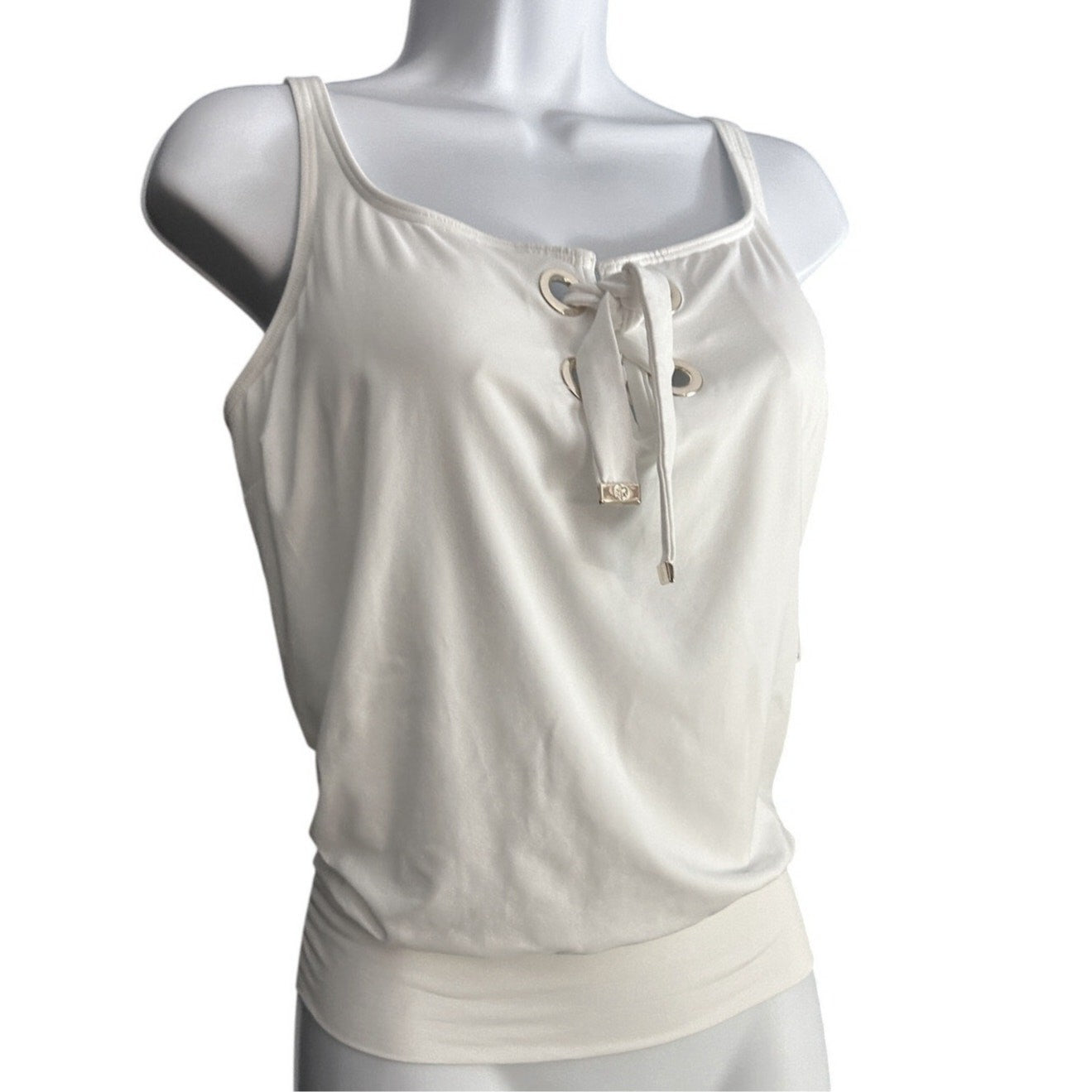 NEW Michael Kors Tankini Swim Top – Size M, White, Tie Front Gold Grommet Detail
