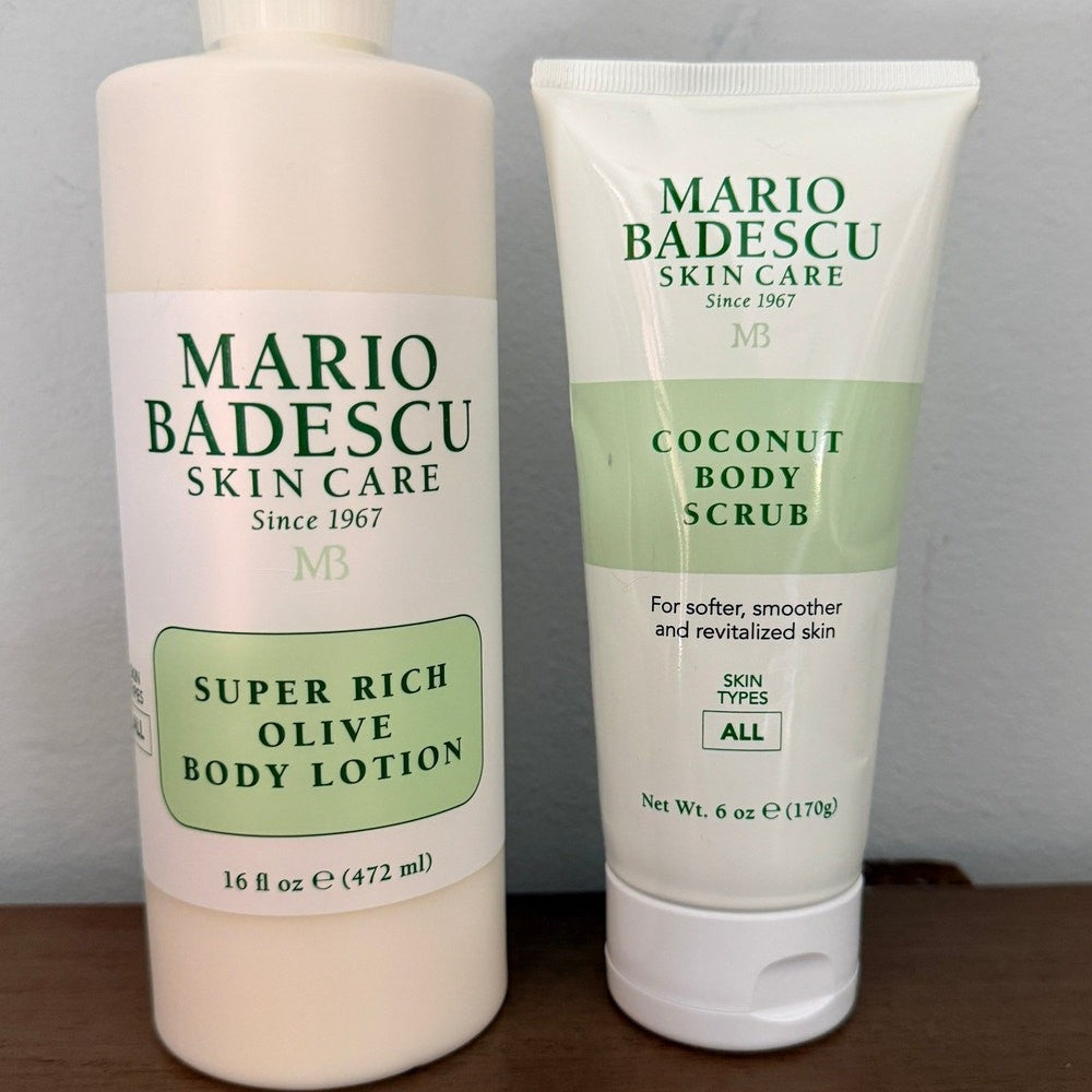 Mario Badescu Coconut Scrub 6oz + Olive Body Lotion 16oz | New Skincare Duo