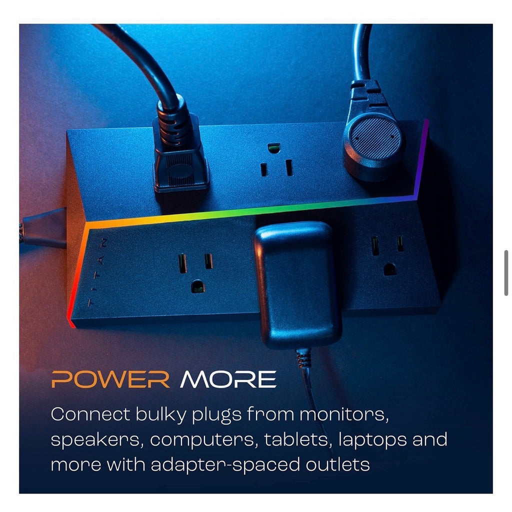 Titan LED 6-Outlet Surge Protector 4ft Braided Extension Cord W/Light Strip NEW