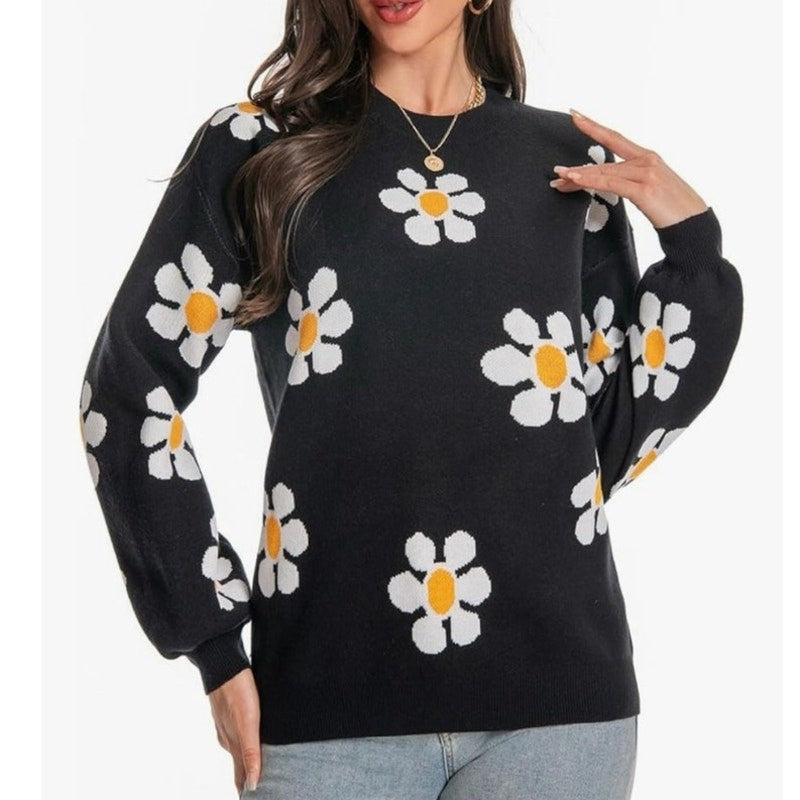 Black Floral Knit Sweater – Size Medium Long Sleeve Crochet Pullover New