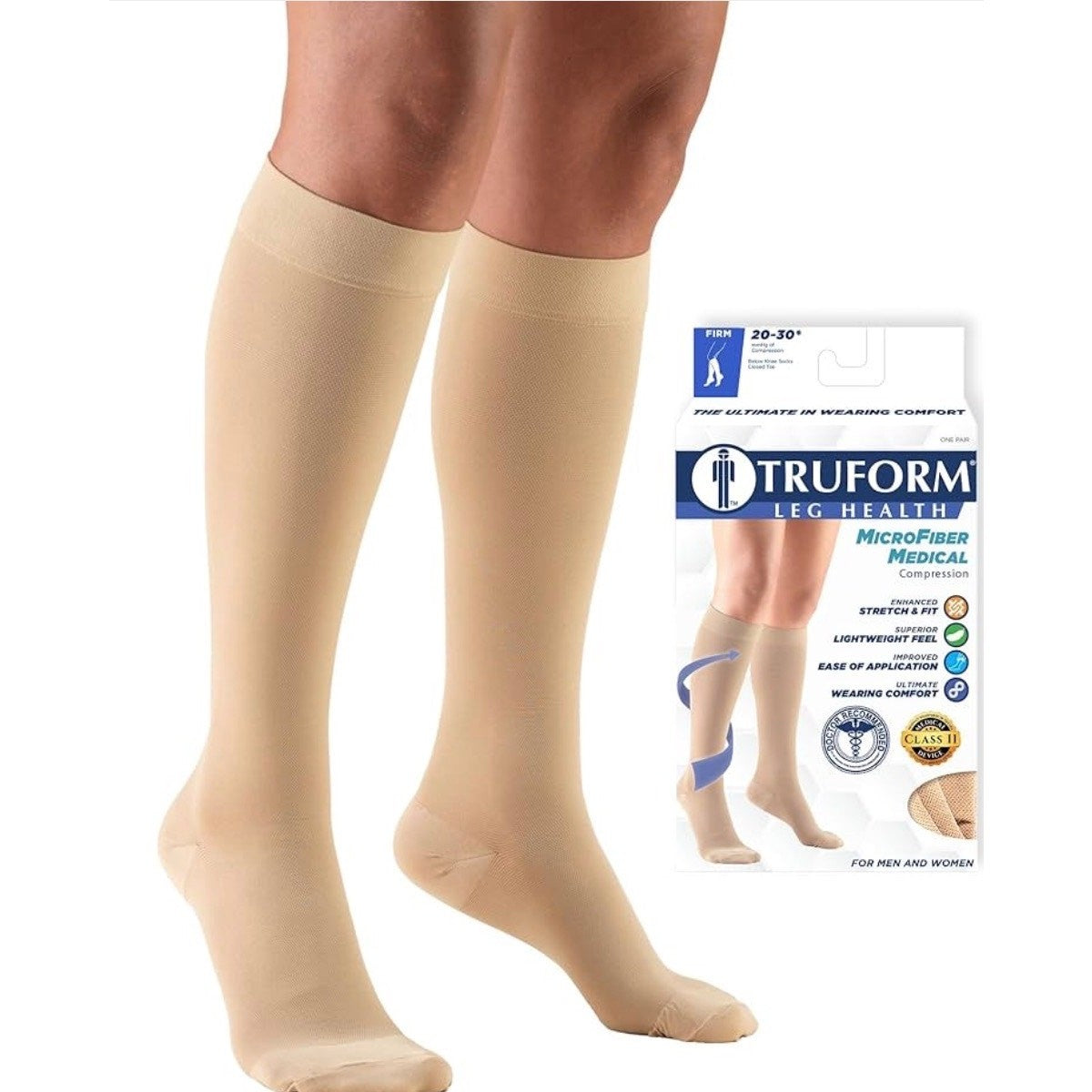 Truform 20-30 mmHg Compression Stockings Knee High Length Closed Toe Beige Sz M