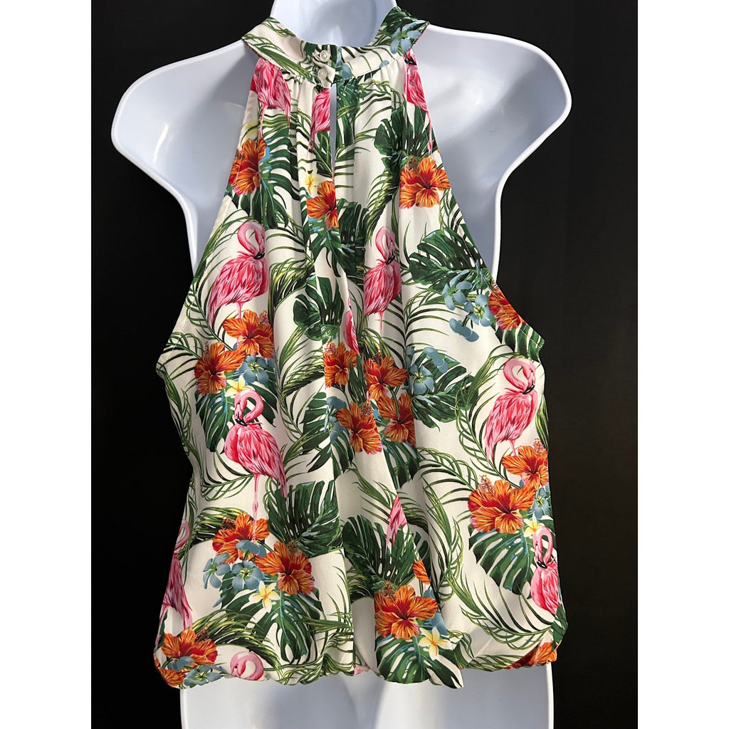 Rachel Zoe Tropical Print Choker Tank Top – Bare Shoulder, Large