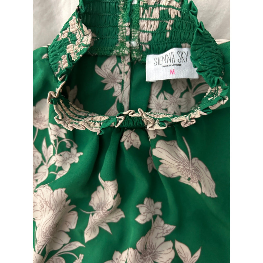 Sienna Sky Green Floral Top – Smocked Neck, Sleeveless, Loose Fit Blouse Size M 
