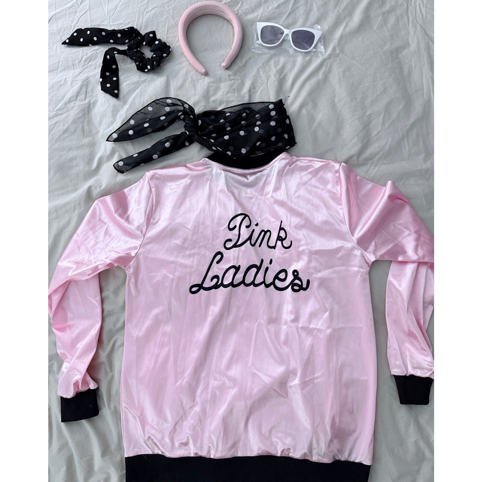 NEW Grease 1950s Pink Lady's Satin Jacket Halloween Costume 6 Piece Set Sz Small