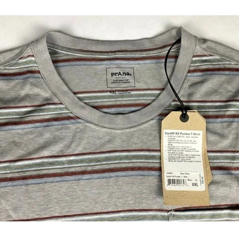 prAna Cardiff Pocket Tee Men’s XXL Alloy Stripe Hemp Organic Cotton Eco NWT