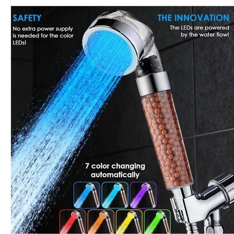 LED High Pressure Shower Head 7‑Color Changing | Filtration Beads | Handheld Kit