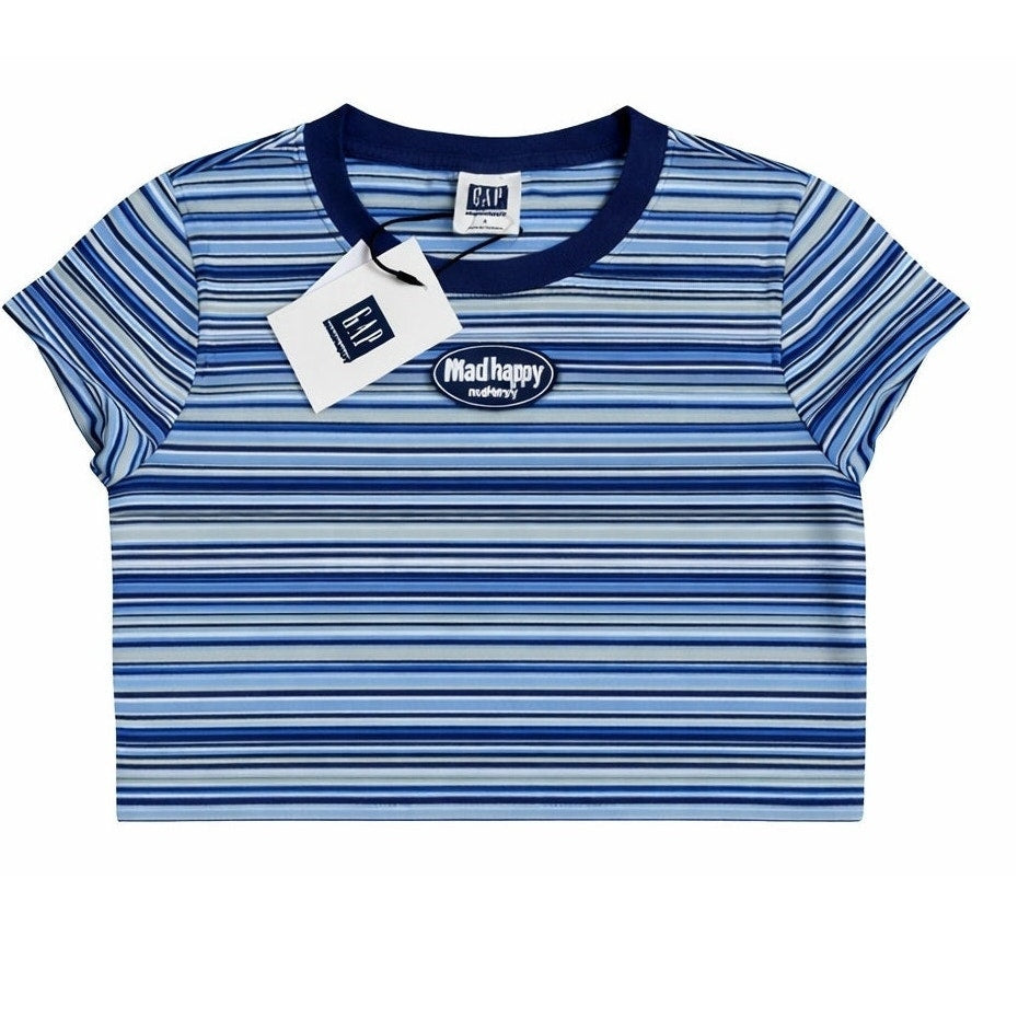 Womens Y2K Baby Tee Madhappy x Gap Coastal Blue White Stripe Madhappy Logo Small