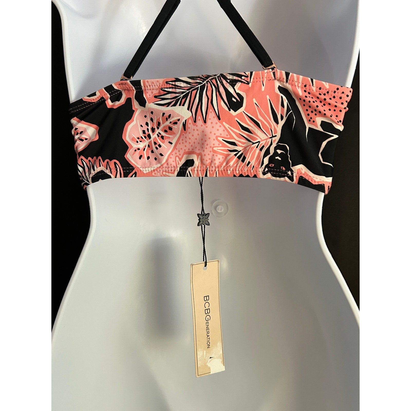 BCBGeneration Swim Black Panther Peach Jungle Print Lace-Up Bikini Top Only Size Small
