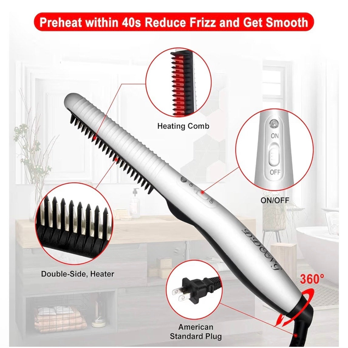Mens 2‑in‑1 Beard Straightener & Hair Comb Ceramic Fast Heating All Hair Types