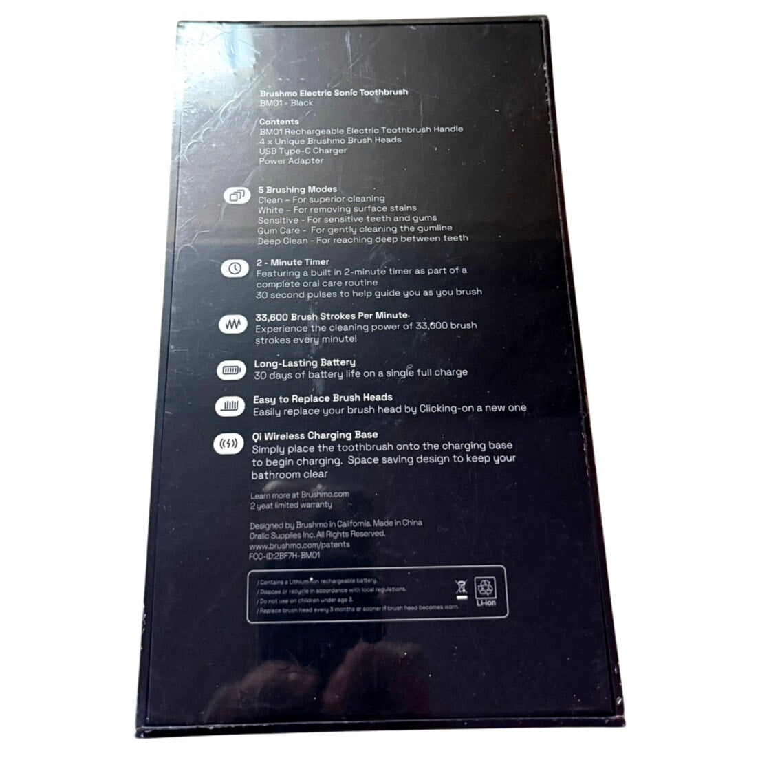 Brushmo BM01 Electric Sonic Toothbrush Black Rechargeable 4 Heads New Sealed