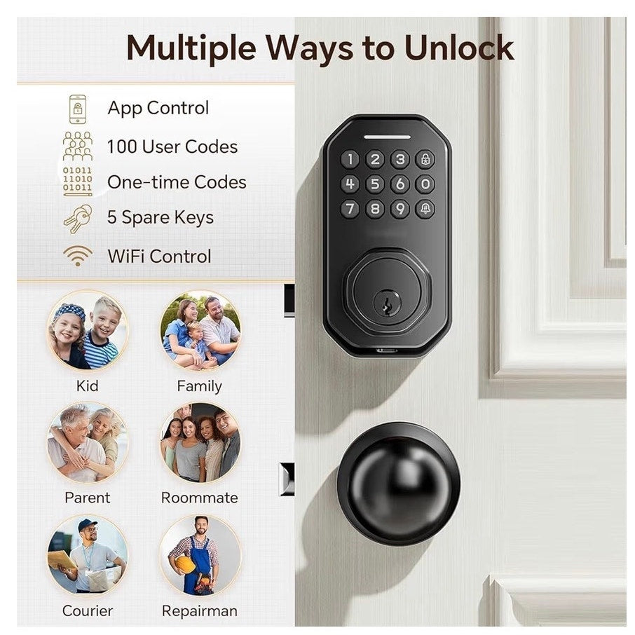 Smart Keyless Deadbolt Lock Set w/ Keypad & Door Knobs App Controlled MatteBlack