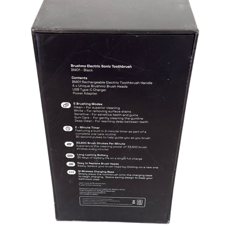 Brushmo BM01 Electric Sonic Toothbrush Black Rechargeable 4 Heads New Sealed