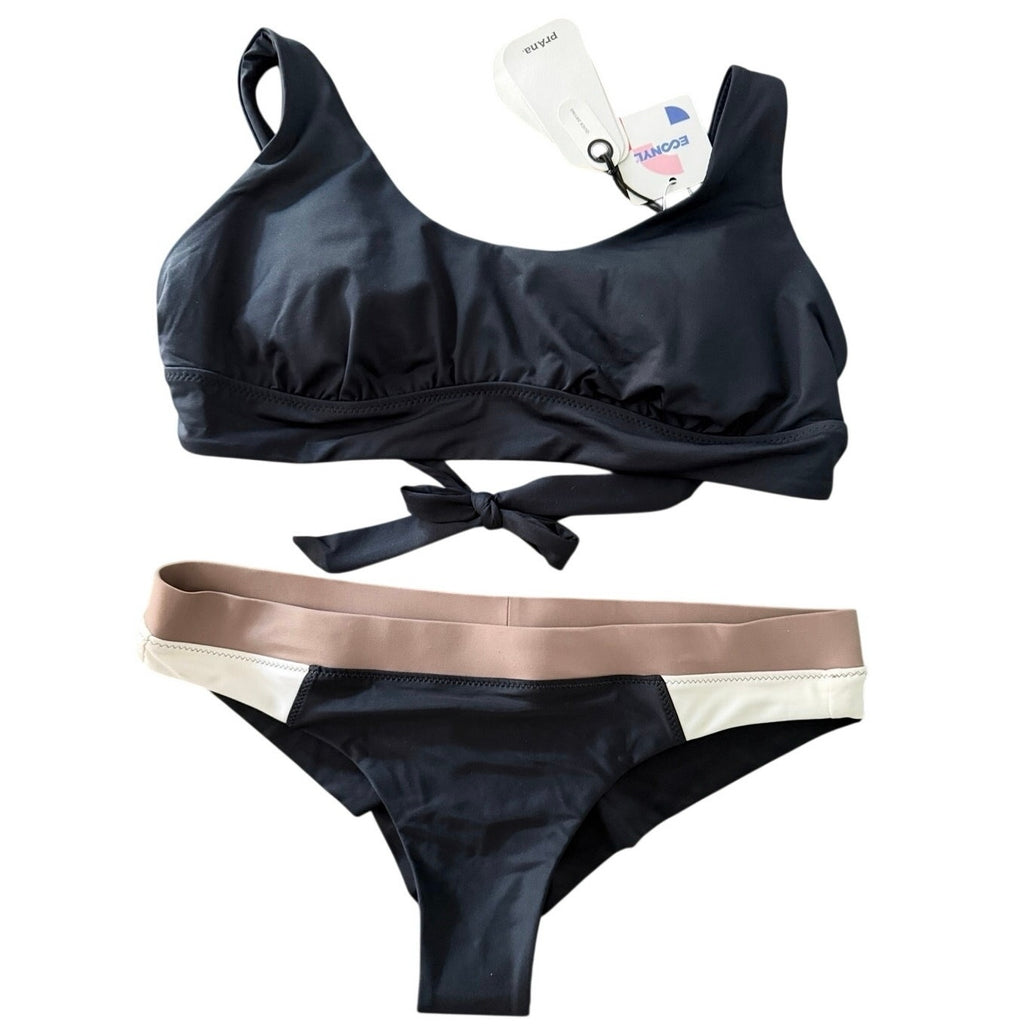 prAna Bikini Set Black Cross Tie Back Top & Color Block Bottoms Size Small NWT