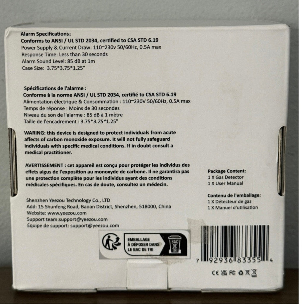 Carbon & Gas Detector YC302 Pro+ 4‑in‑1 Plug‑In Alarm Temp Humidity White