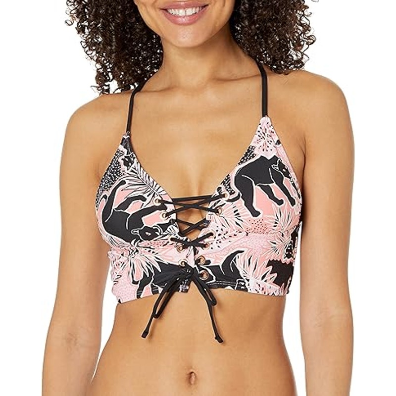 BCBGeneration Swim Black Panther Peach Jungle Print Lace-Up Bikini Top Only Size Small