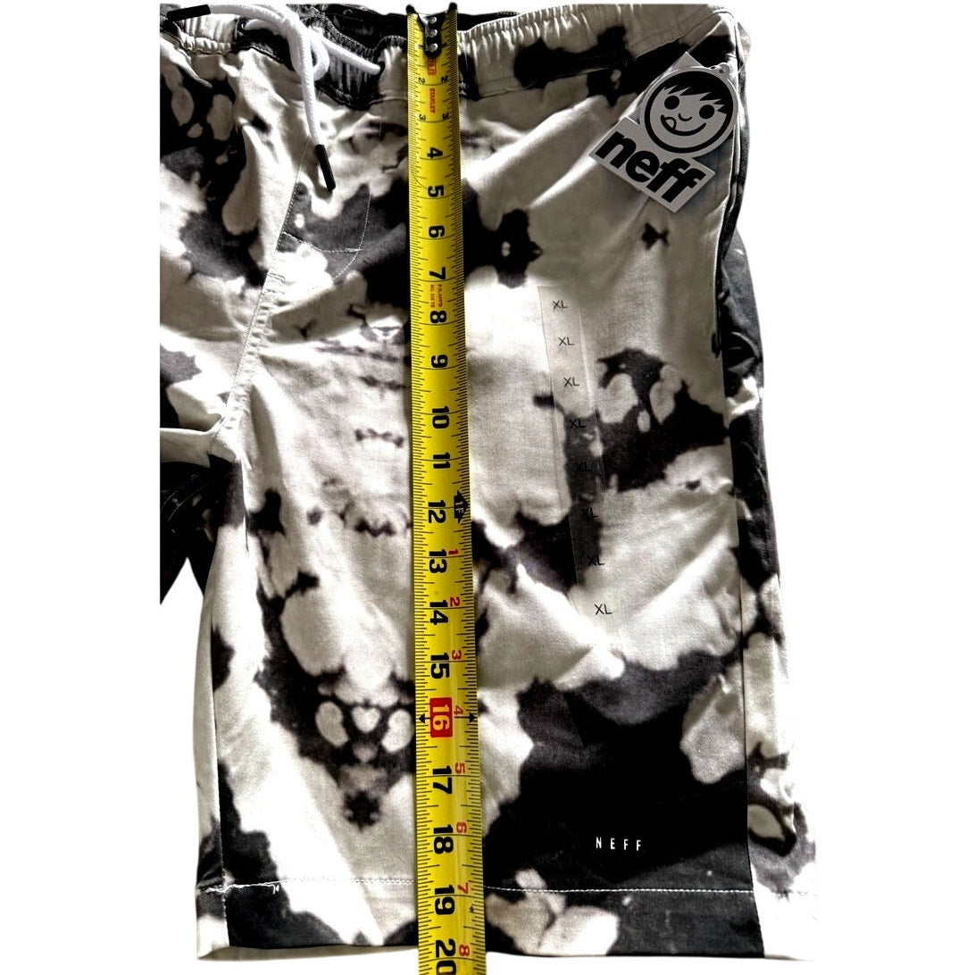 Mens Neff Board Shorts Elastic Waist Drawstring Pockets Black White Splat Sz XL