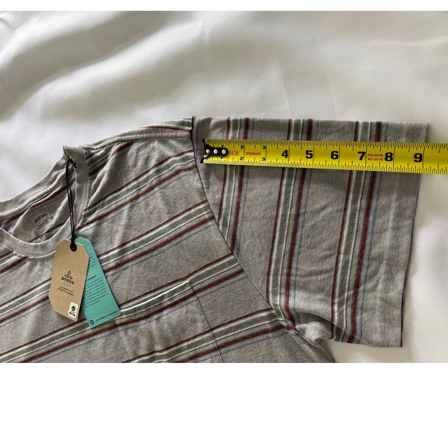 prAna Cardiff SS Pocket Tee Mens XXL Hemp‑Cotton Eco Blend Gray Alloy Stripe NWT