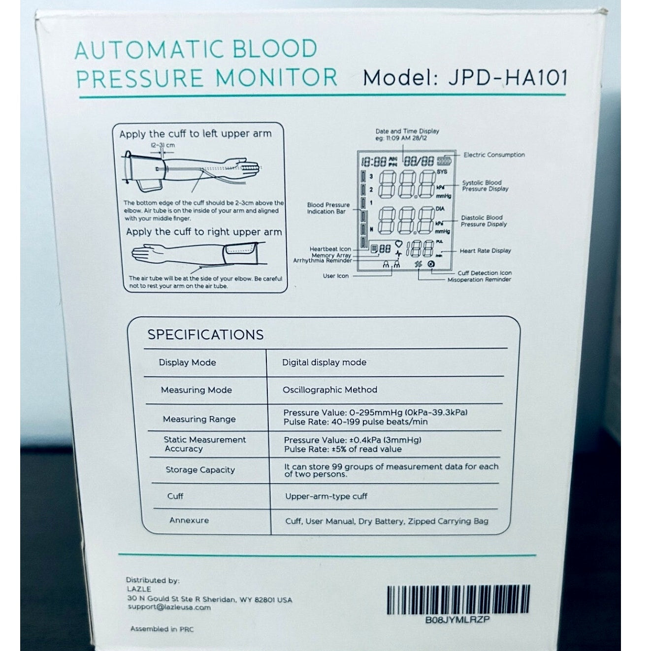 Lazle Automatic Upper Arm Blood Pressure Monitor Model JPD-HA101 NIB