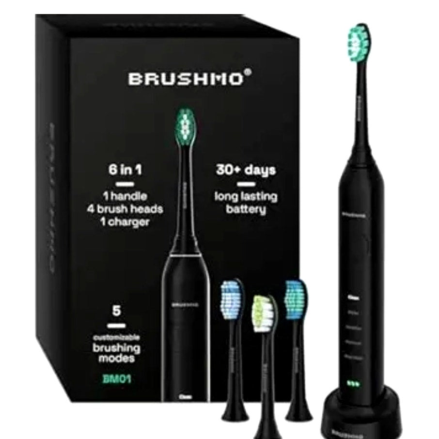 Brushmo BM01 Electric Sonic Toothbrush Black Rechargeable 4 Heads New Sealed