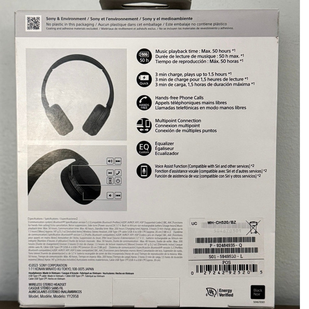 Sony WH-CH520 Wireless Bluetooth On-Ear Headphones Black New Sealed AUTHENTIC
