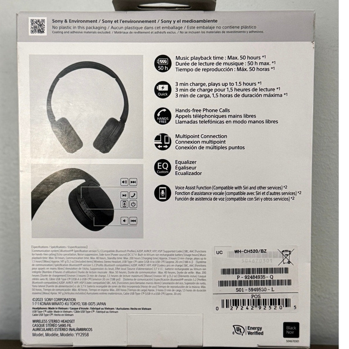 Sony WH-CH520 Wireless Bluetooth On-Ear Headphones Black New Sealed AUTHENTIC