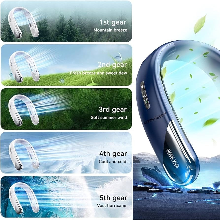 Portable Bladeless Neck Fan 6000mAh USB‑C 5‑Speed Quiet 360° Cooling Lightweight