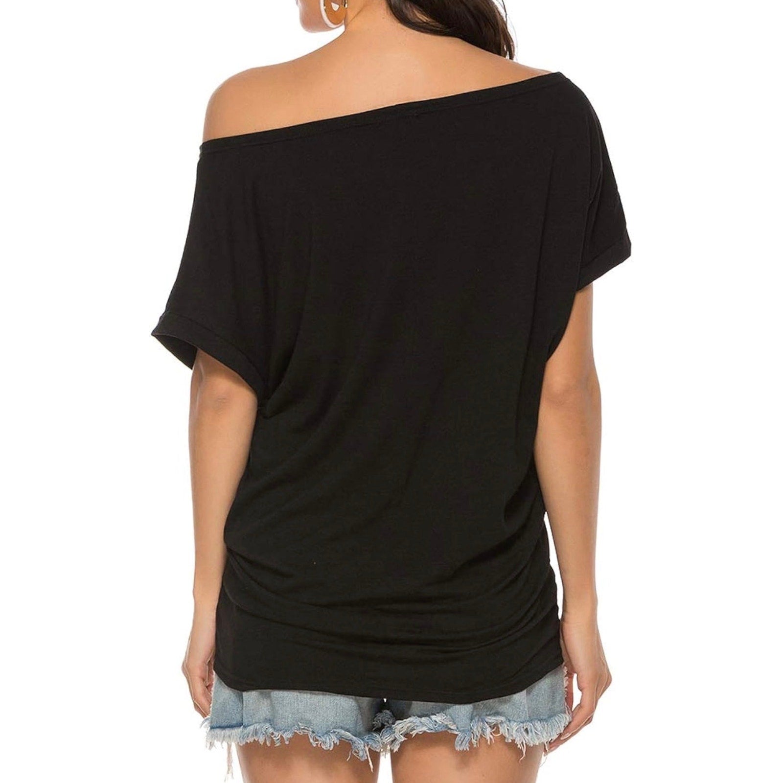 Women’s Black Off the Shoulder Boatneck Short Sleeve Top Fitted Waist Size Large