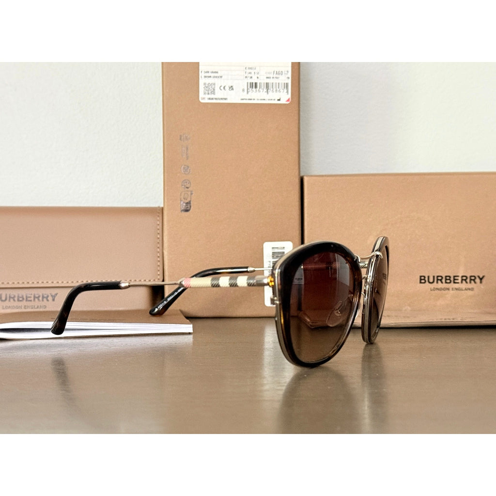 Burberry BE4251Q Full Gold Rim Round Sunglasses Dark Havana Brown Gradient Lens