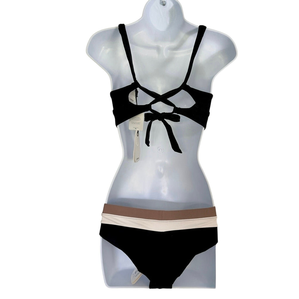 prAna Bikini Set Black Cross Tie Back Top & Color Block Bottoms Size Small NWT