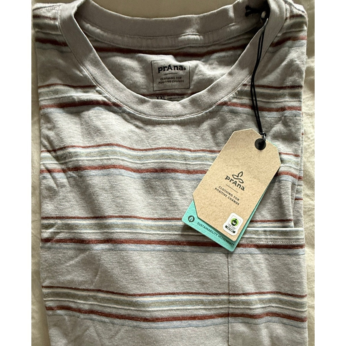 prAna Mens Organic Cotton & Hemp Tee Shirt Size XXL Gray /Alloy w/Stripes NWT