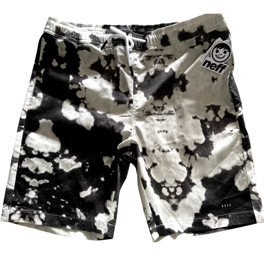 Mens Neff Board Shorts Elastic Waist Drawstring Pockets Black White Splat Sz XL