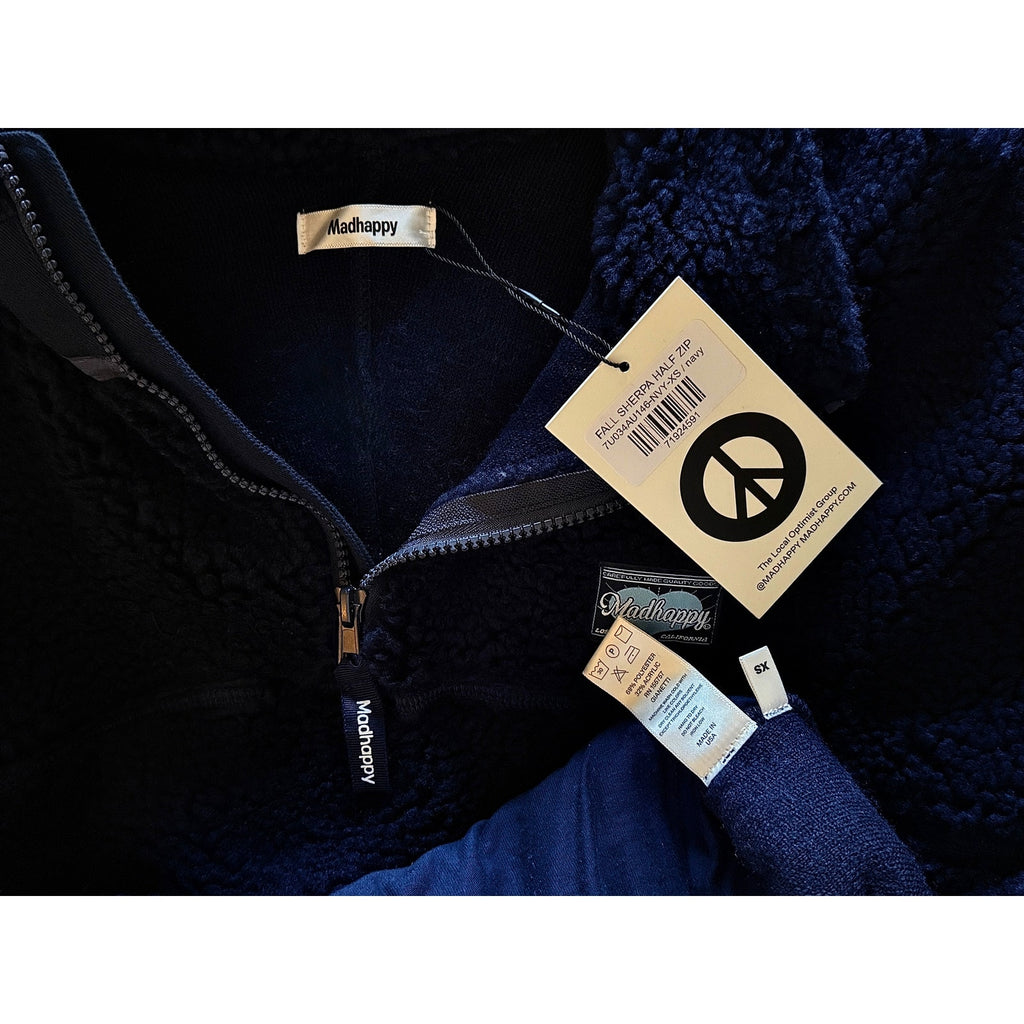 Madhappy Plush Sherpa Dark Navy Blue Premium Fleece Half‑Zip Pullover NWT Sz XS