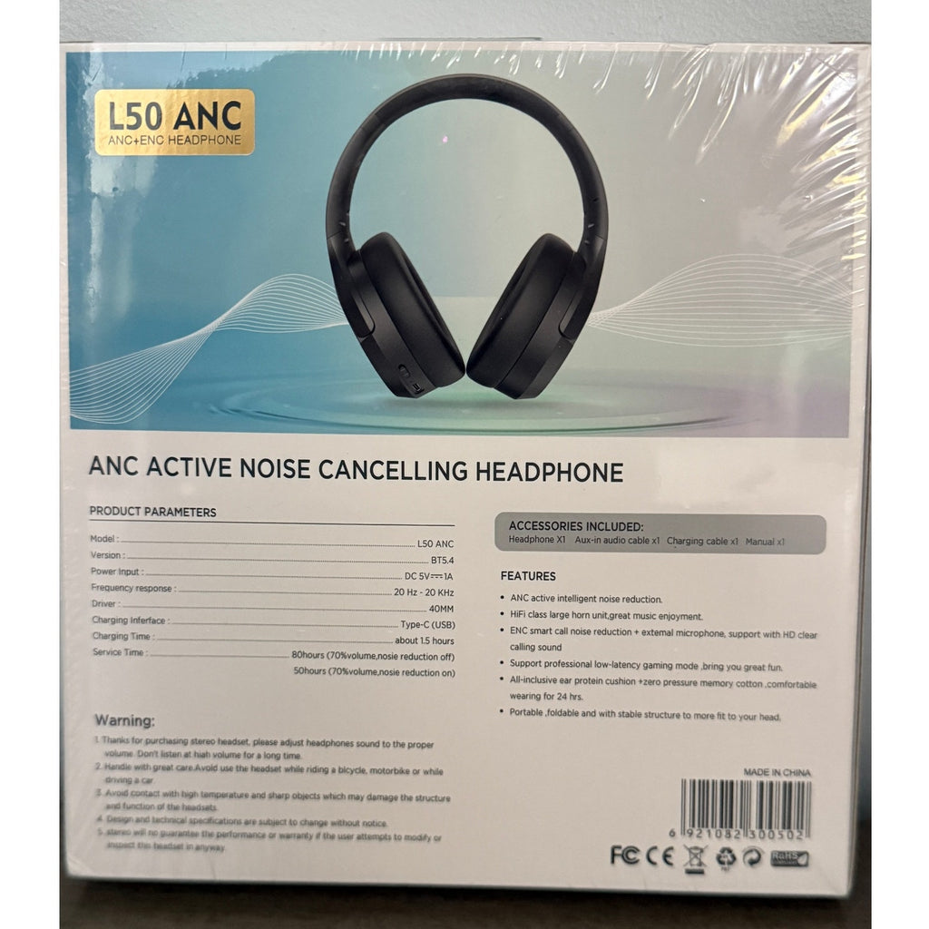 L50ANC Wireless Headphones Bluetooth 5.4 Noise Cancelling Black New Sealed