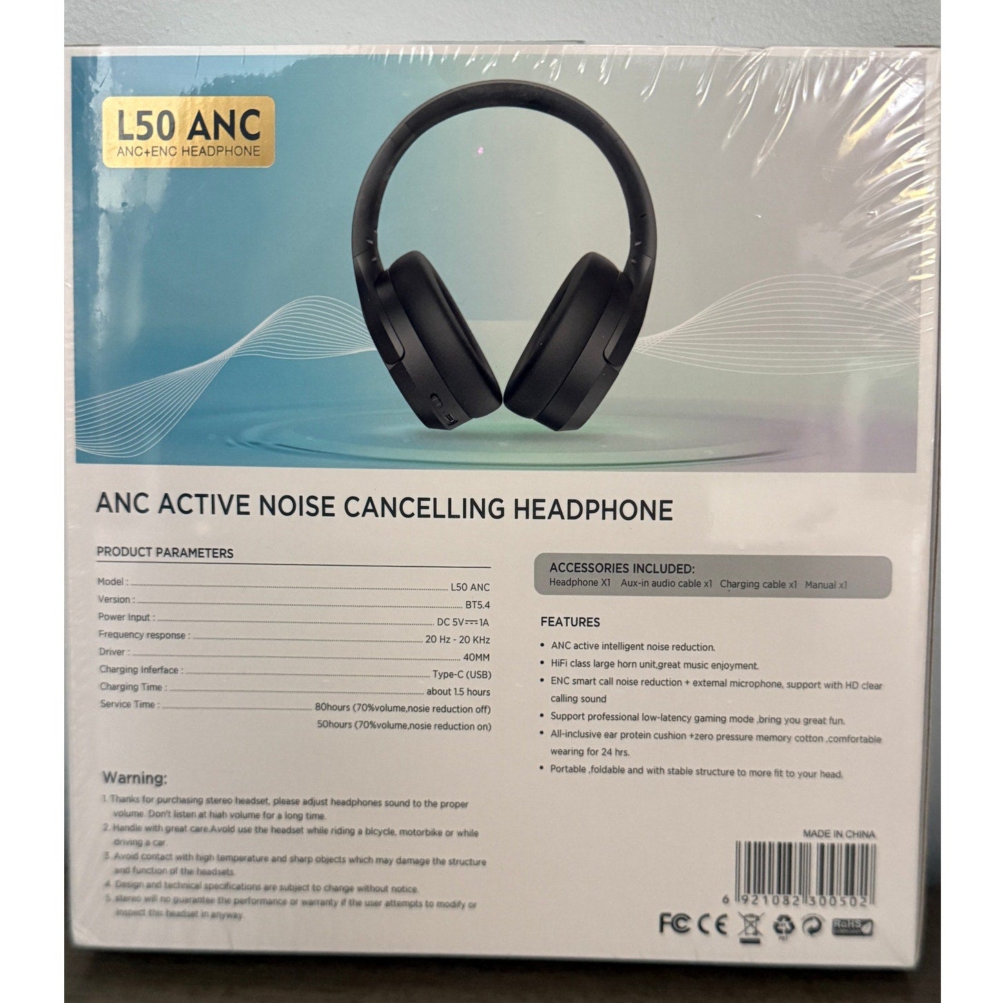 L50ANC Wireless Headphones Bluetooth 5.4 Noise Cancelling Black New Sealed