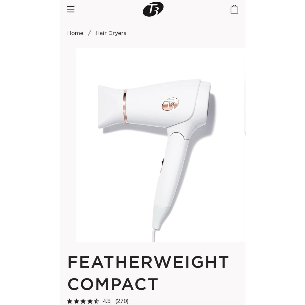 T3 Featherweight Compact Micro Dryer White #76851 Dual Voltage Travel 1200W NWOB