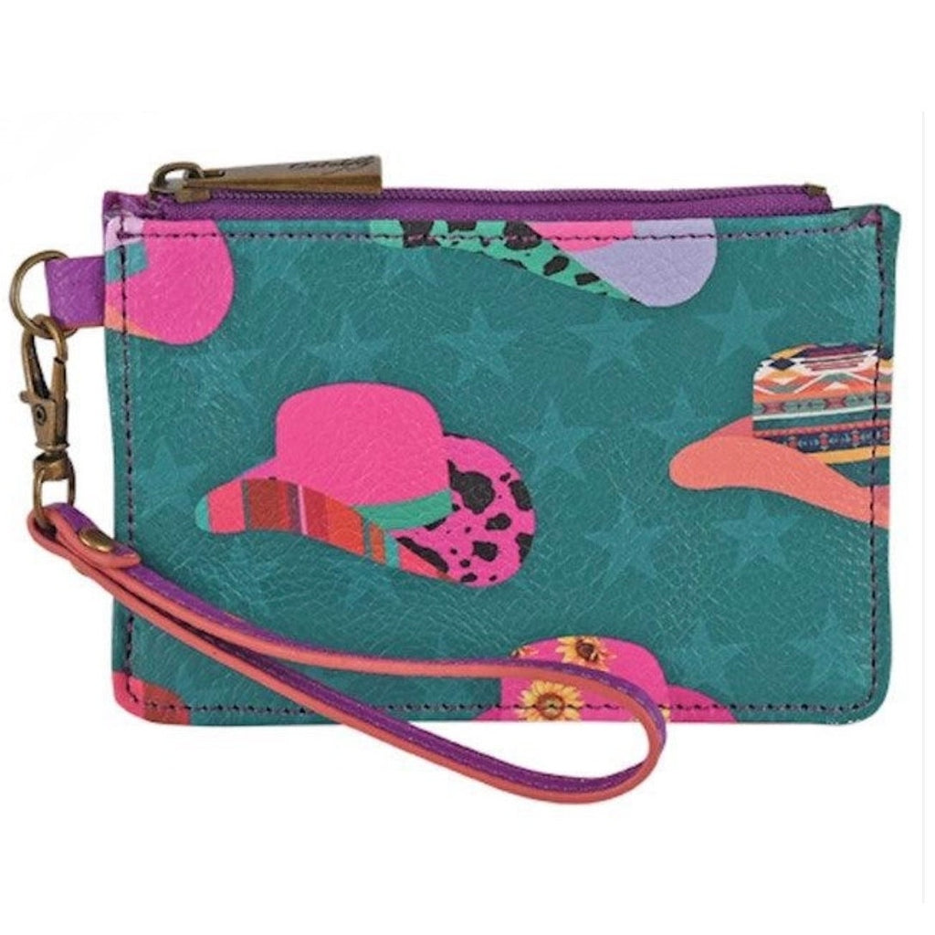 Catchfly Ladies Turquoise/Pink Stars & Cowgirl Hats Mini Wallet w/Wristlet NEW