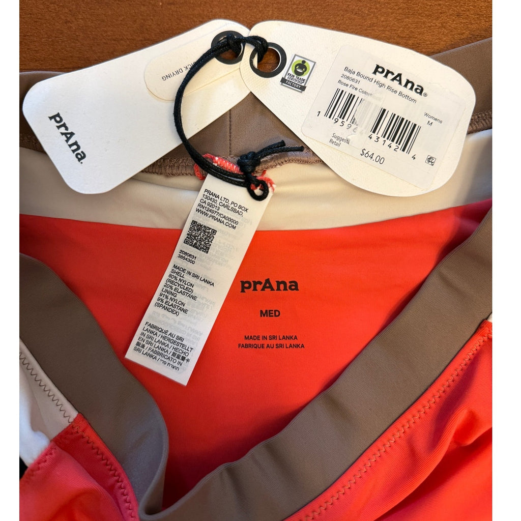 Womens Prana Baja Bound High Rise Bikini Sz Medium Colorblock Rose Fire / Black