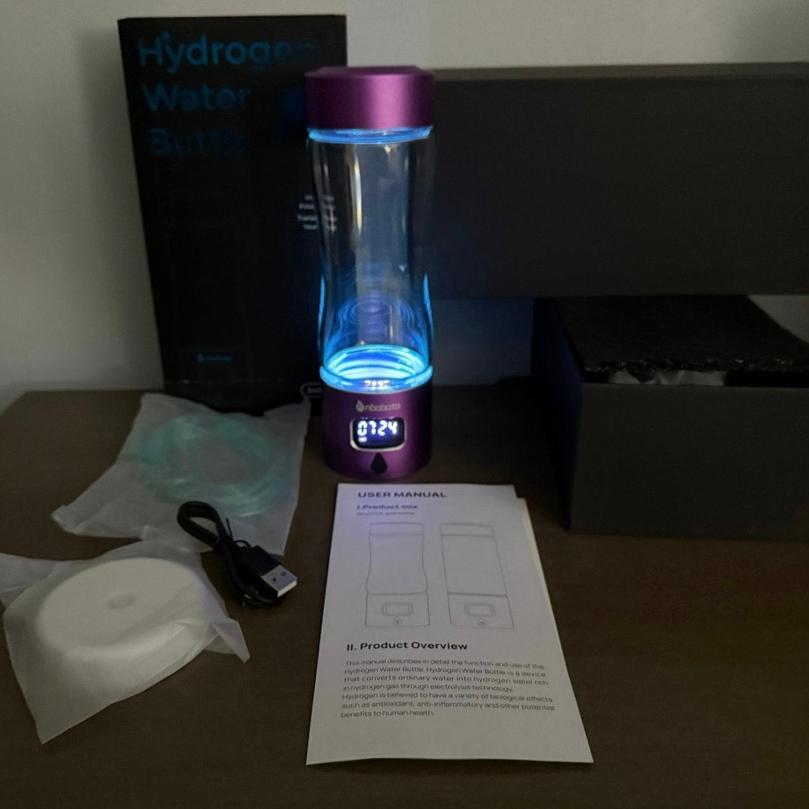 Hydrogen Water Bottle Generator SPE/PEM USB-C LED Timer Glass 11.5oz Pink NEW