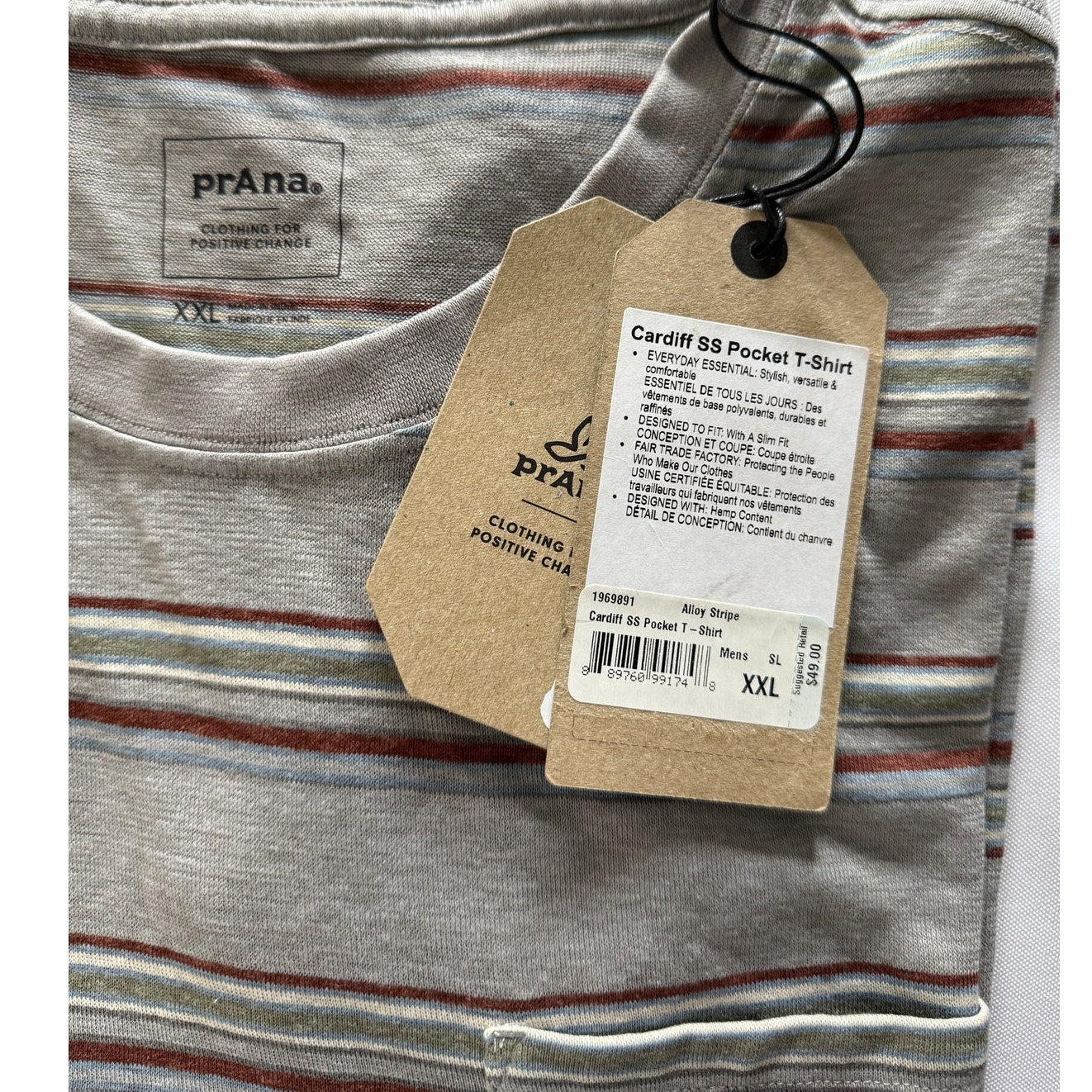 prAna Cardiff SS Pocket Tee Mens XXL Hemp‑Cotton Eco Blend Gray Alloy Stripe NWT