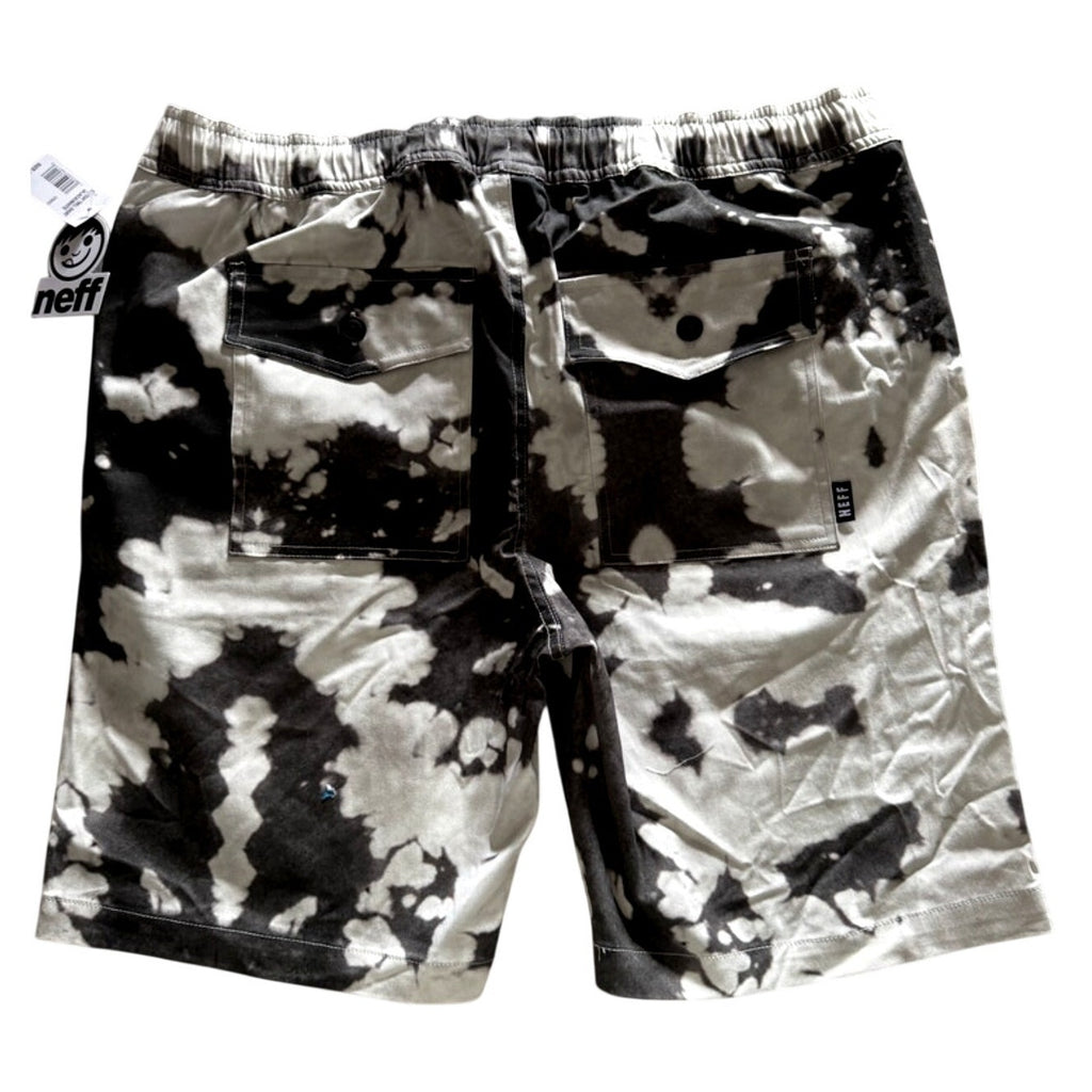 Mens Neff Board Shorts Elastic Waist Drawstring Pockets Black White Splat Sz XL