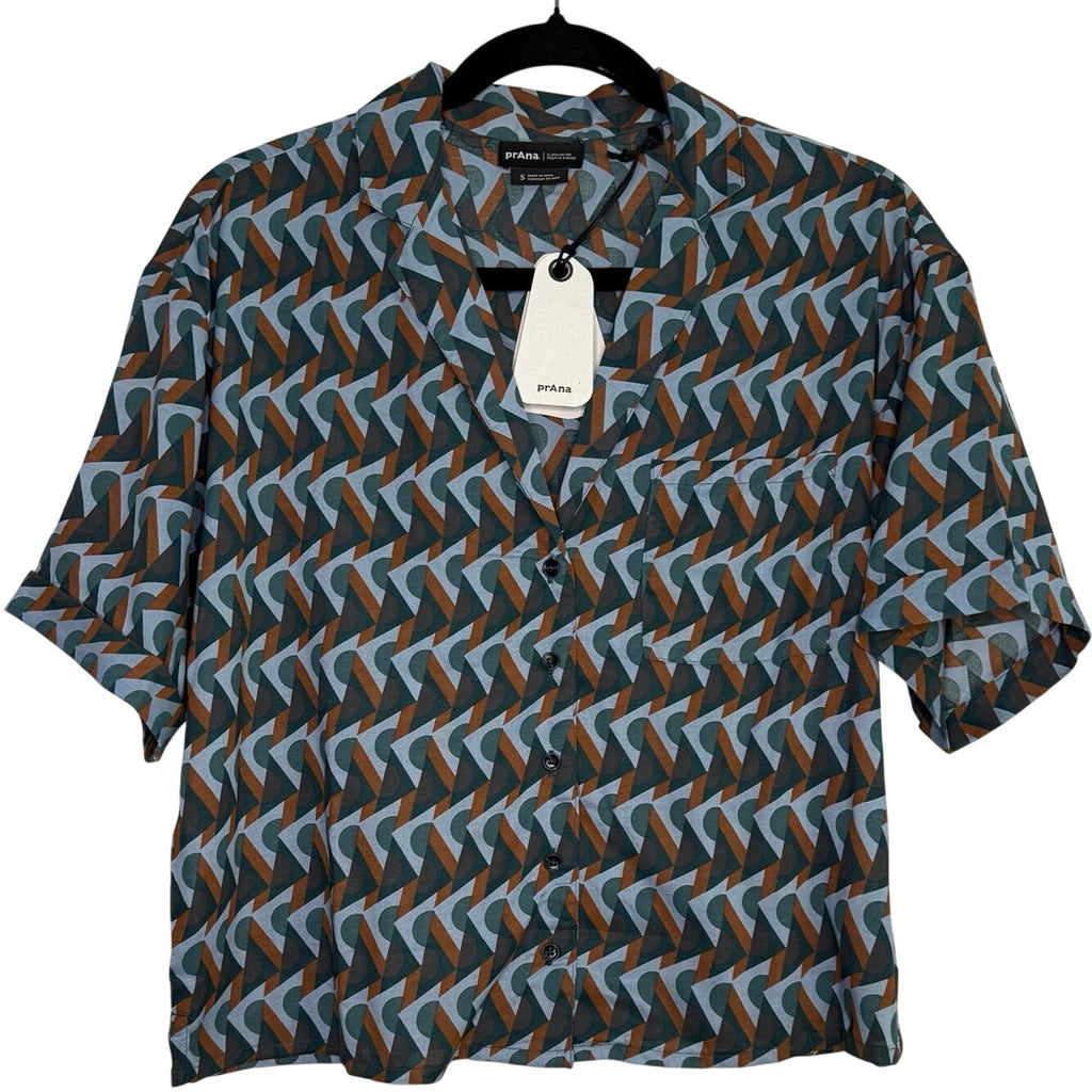 PrAna Iguala Retro Geo Mid Top High Tide Blues Button Down Shirt Women S NWT