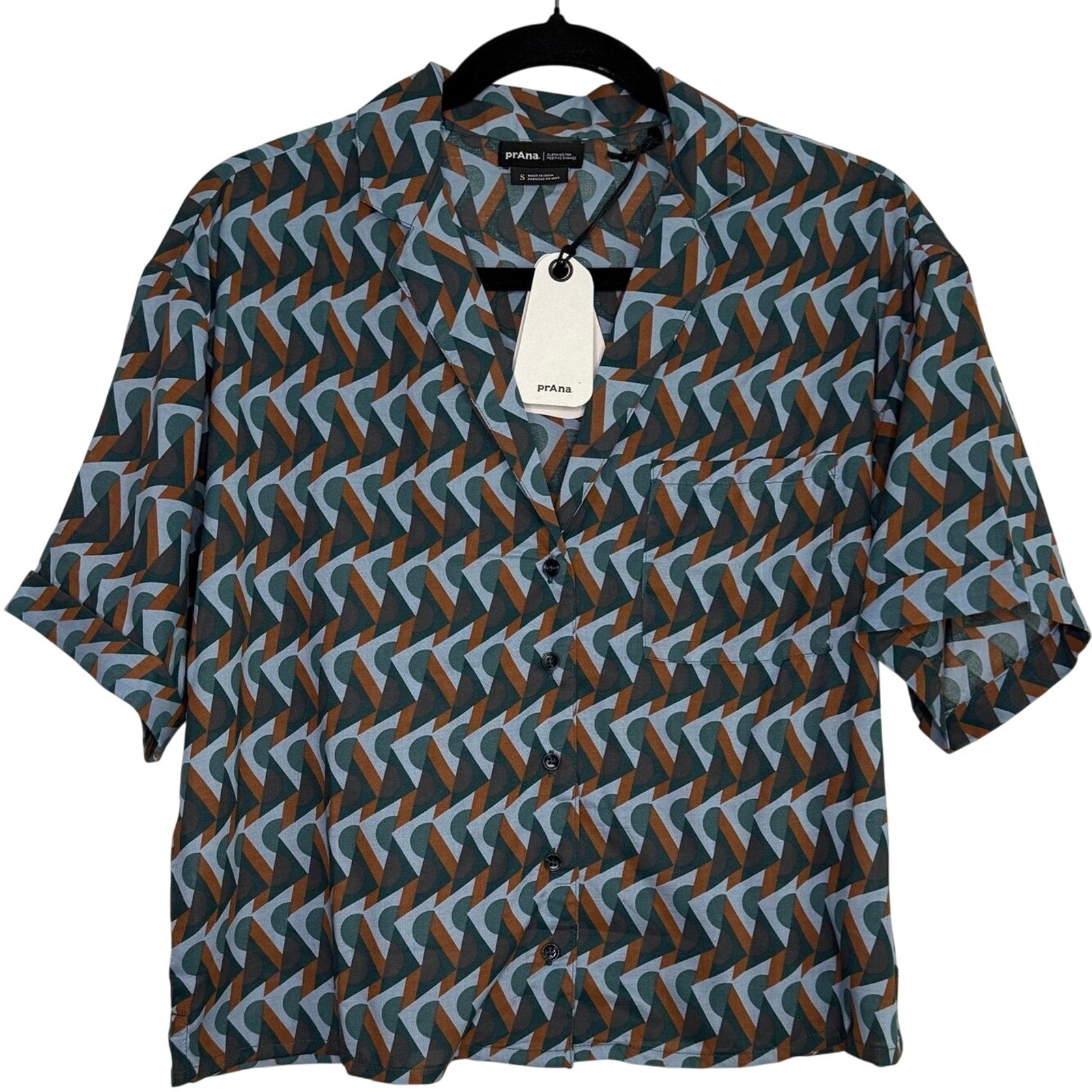 PrAna Iguala Retro Geo Mid Top High Tide Blues Button Down Shirt Women S NWT