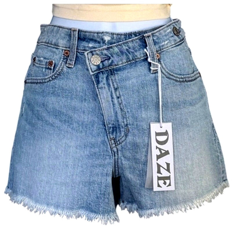 DAZE Troublemaker Shift Front High Rise Raw Hem Organic Cotton Sz 26 NWT